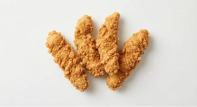 McDonald's US McCrispy Strips, thick whole breast chicken strips with a craggy golden breading
