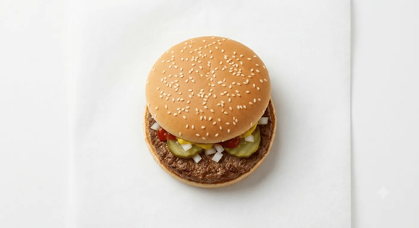 McDonald's US Hamburger, a beef patty with pickles, onions, ketchup and mustard in a soft bun