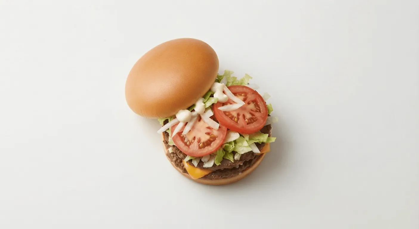 McDonald's US Daily Double, two beef patties with American cheese, shredded lettuce, tomato, slivered onions and mayonnaise in a toasted bun