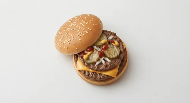 McDonald's US McDouble with two beef patties, one slice of melted American cheese, pickles and onions in a plain bun