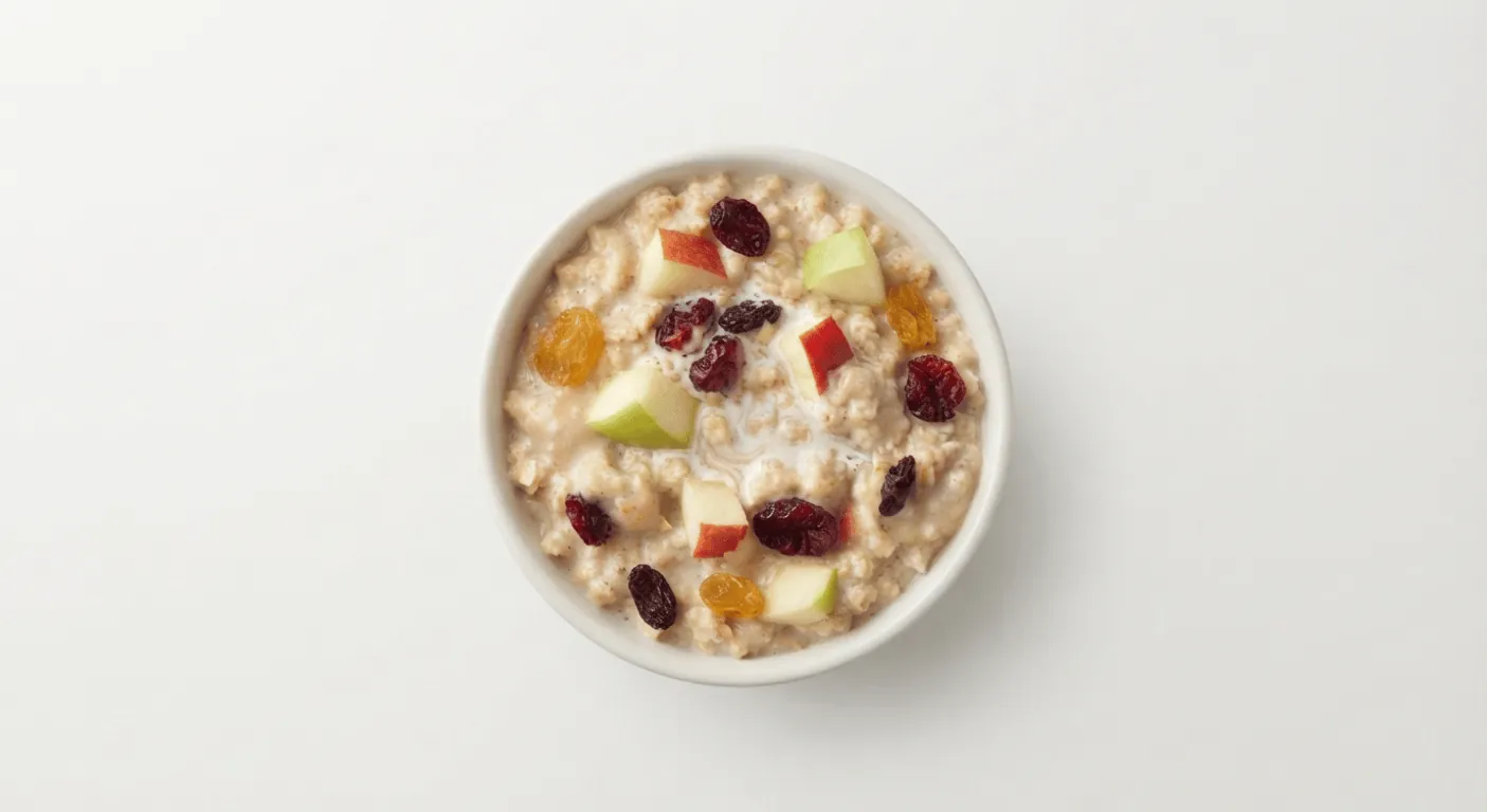 McDonald's US Fruit & Maple Oatmeal topped with diced apple, dried cranberries and raisins in a white bowl