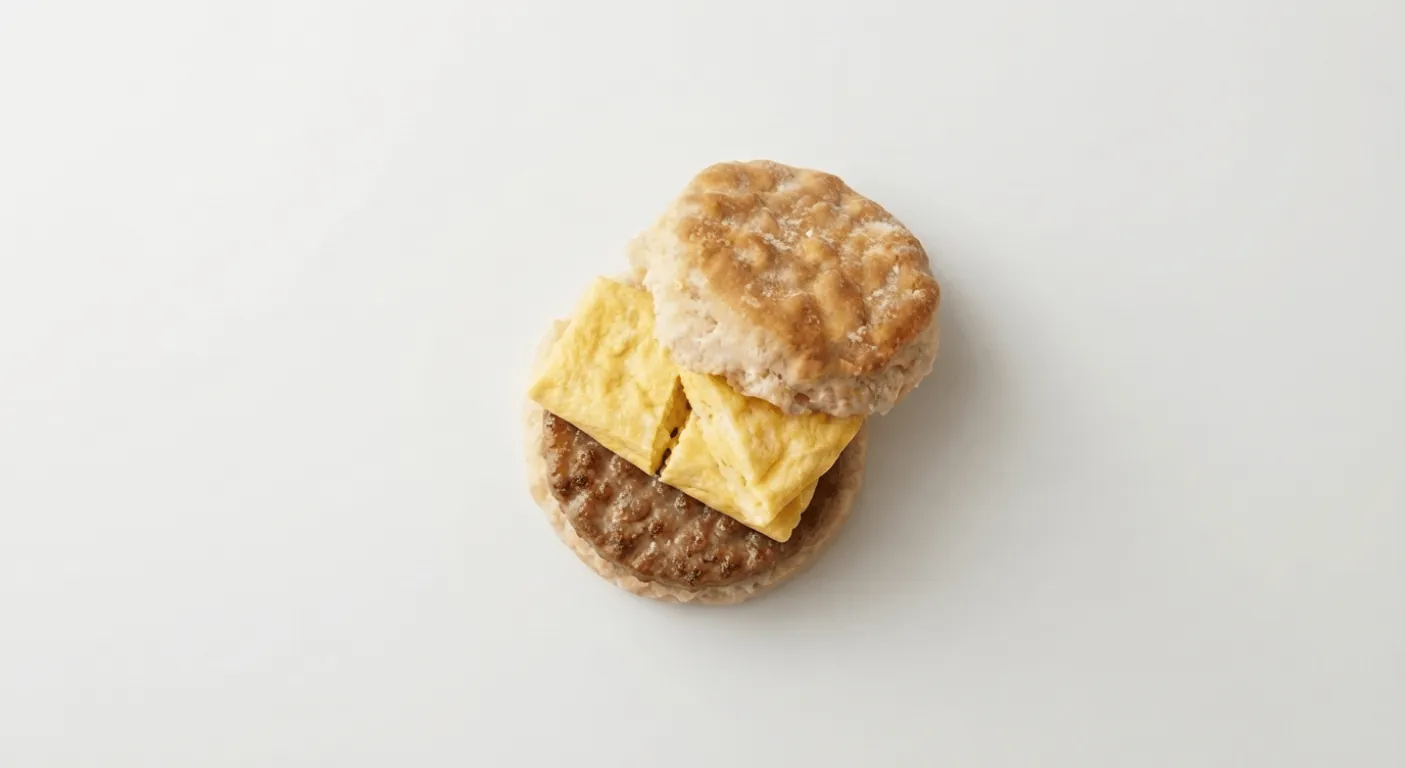 McDonald's US Sausage Biscuit with Egg, with a pork sausage patty and folded egg in a split buttermilk biscuit