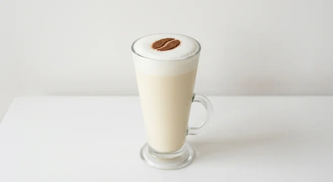 Costa White Hot Chocolate (Small, Soya Milk), white hot chocolate with a cocoa bean stencil on the foam in a tall glass mug, nutrition and calories