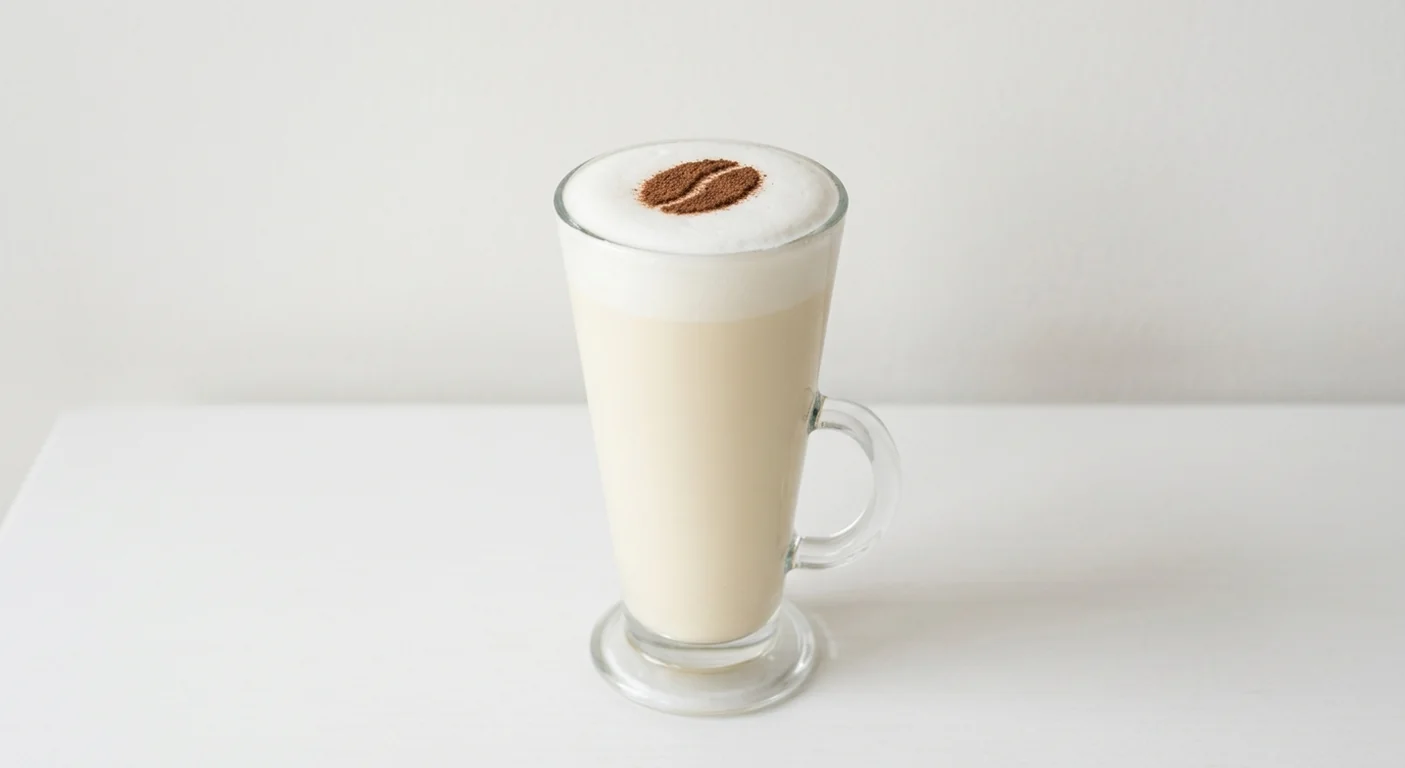 Costa White Hot Chocolate (Large, Oat Milk), white hot chocolate with a cocoa bean stencil on the foam in a tall glass mug, nutrition and calories