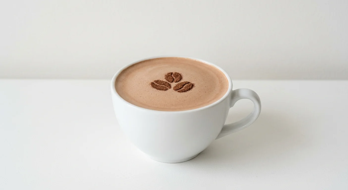 Costa Mocha (Medium, Soya Milk), mocha with a cocoa coffee bean stencil on the foam in a white ceramic cup, nutrition and calories