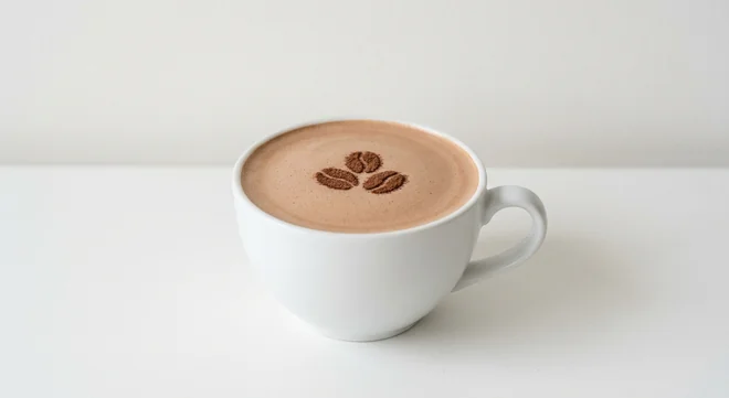 Costa Mocha (Medium, Soya Milk), mocha with a cocoa coffee bean stencil on the foam in a white ceramic cup, nutrition and calories