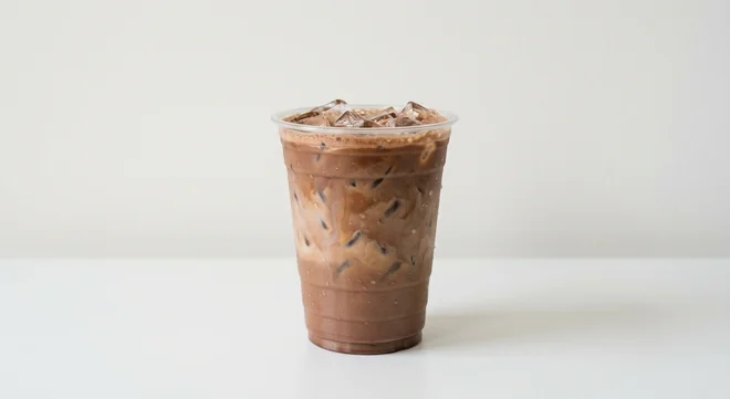 Costa Iced Mocha (Large, Coconut Milk), iced mocha over ice in a clear cup, nutrition and calories