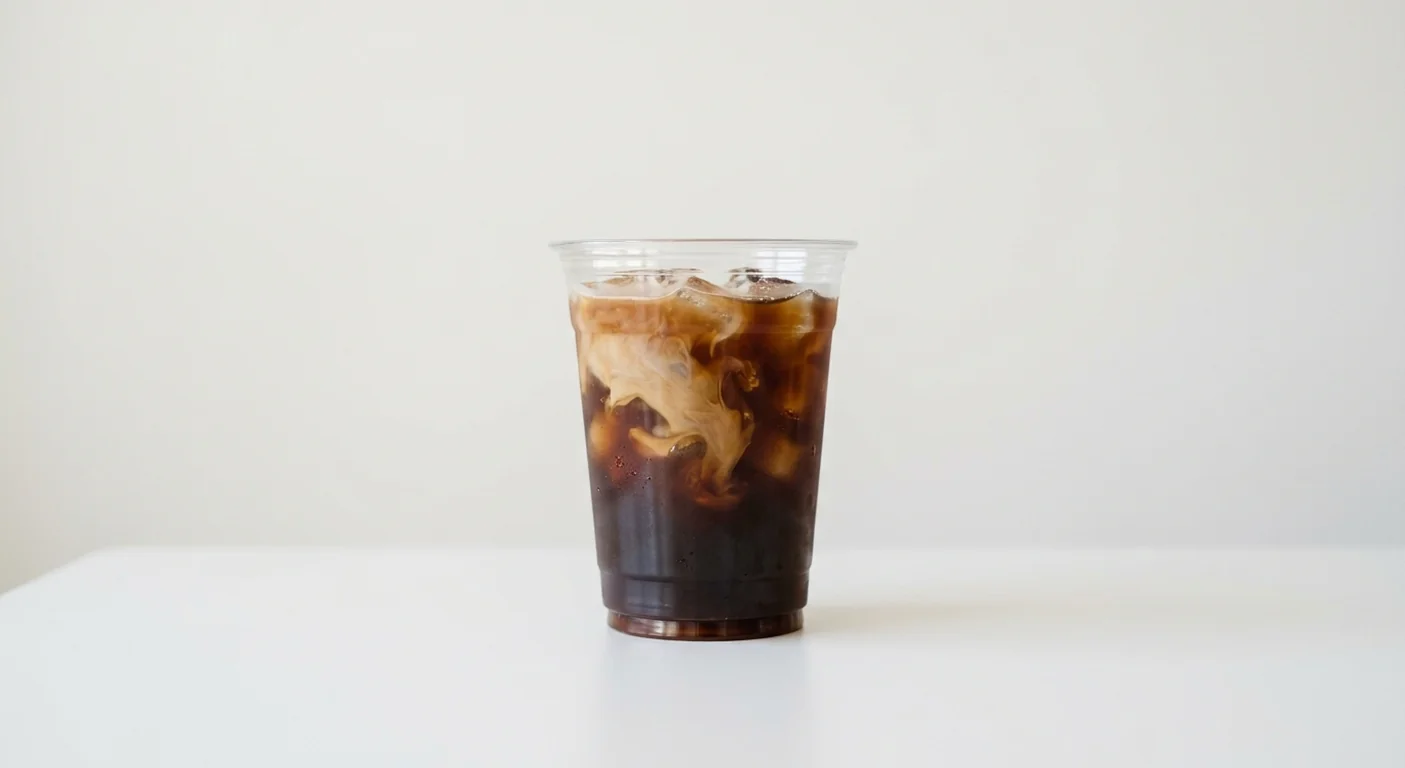 Costa Iced White Americano (Medium, Oat Milk), iced coffee with a swirl of milk over ice in a clear cup, nutrition and calories