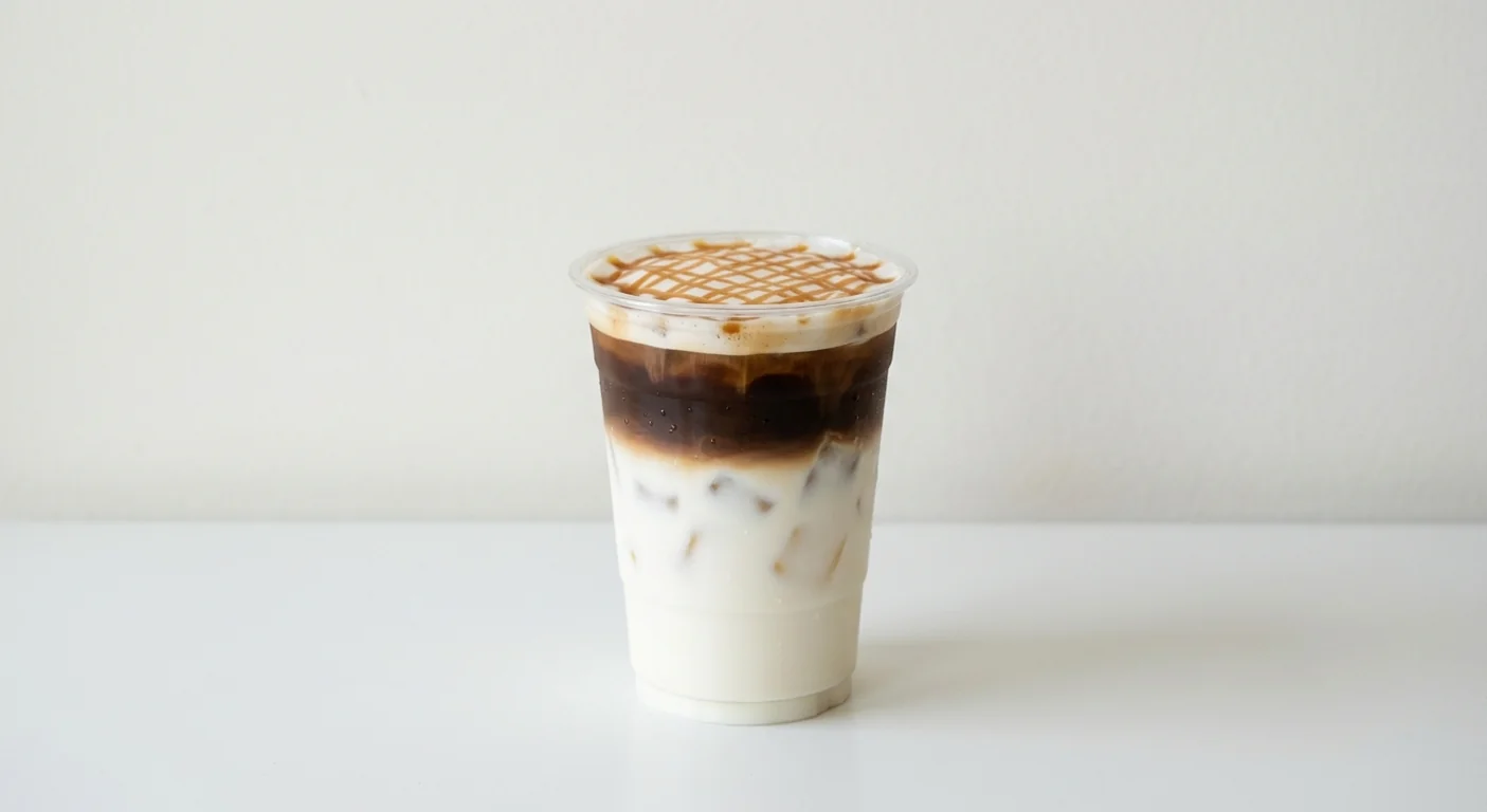Costa Iced Caramel Macchiato (Medium, Coconut Milk), layered milk, espresso and caramel drizzle over ice in a clear cup, nutrition and calories