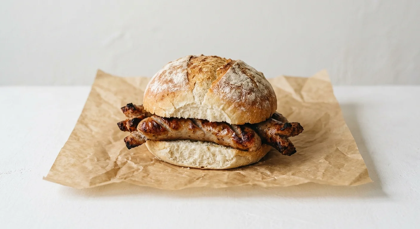 Costa Pork Sausage Bap, floured white roll filled with split pork sausages on brown greaseproof paper, nutrition and calories