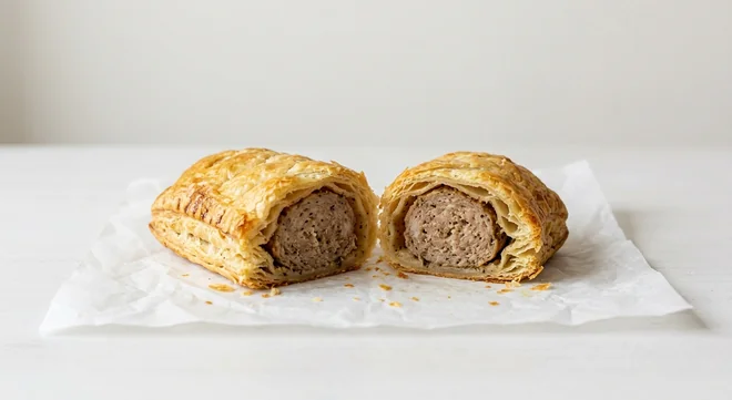 Costa Sausage Roll, puff pastry sausage roll cut in half, nutrition and calories