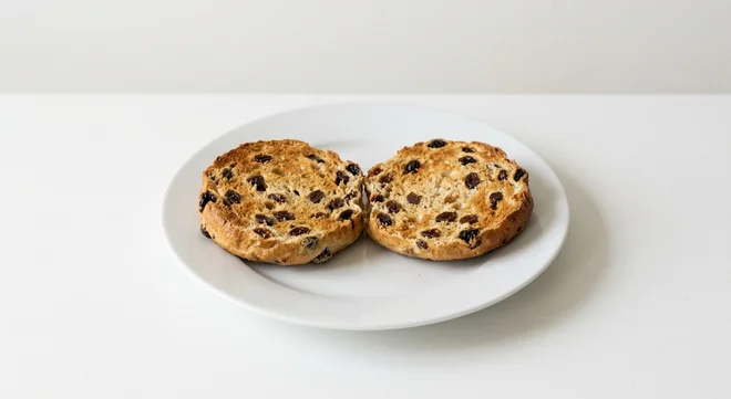 Costa Fruited Teacake, toasted fruited teacake split in half on a white plate, nutrition and calories
