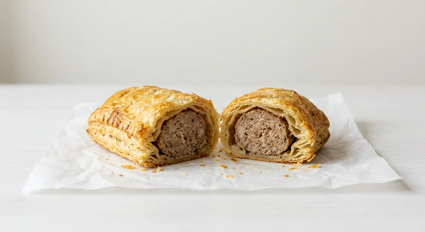 Costa Sausage Roll, puff pastry sausage roll cut in half, nutrition and calories