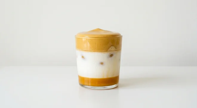 Costa Hazelnut Creme Iced Whipped Latte (Medium), layered iced latte with hazelnut sauce, white milk and a whipped coffee top in a glass tumbler, nutrition and calories