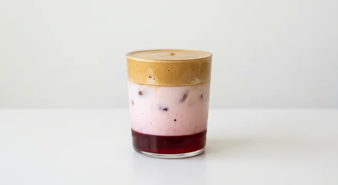 Costa Cherry Vanilla Iced Whipped Latte (Medium, Coconut Milk), layered iced latte with cherry syrup, pink milk and a whipped coffee top in a glass tumbler, nutrition and calories