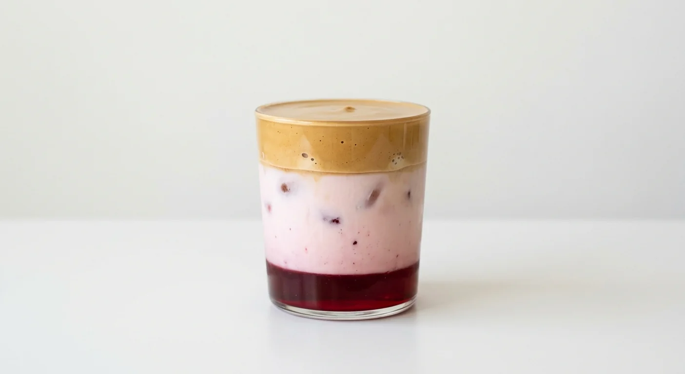 Costa Cherry Vanilla Iced Whipped Latte (Small), layered iced latte with cherry syrup, pink milk and a whipped coffee top in a glass tumbler, nutrition and calories