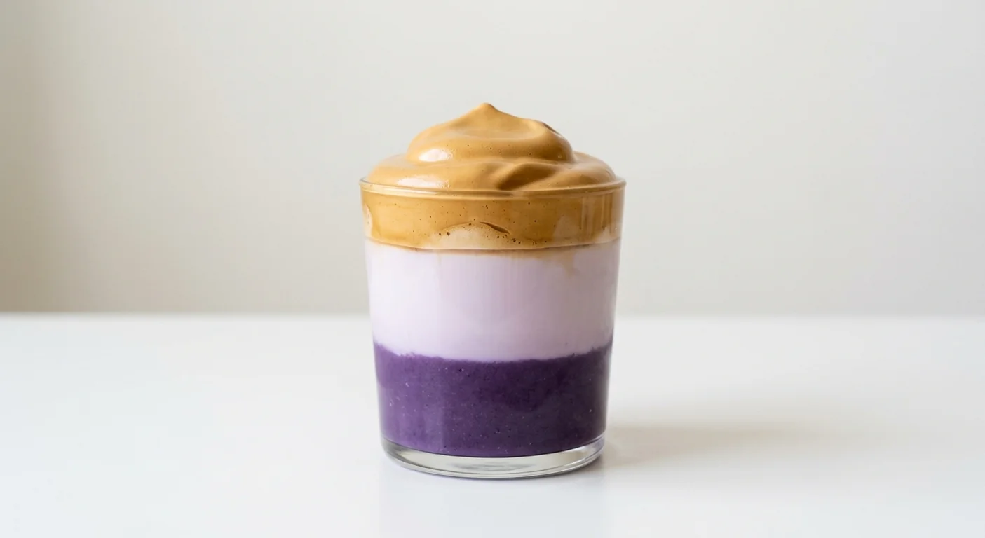 Costa Sweet Ube Iced Whipped Latte (Medium, Oat Milk), layered iced latte with purple ube, lilac milk and a whipped coffee top in a glass tumbler, nutrition and calories