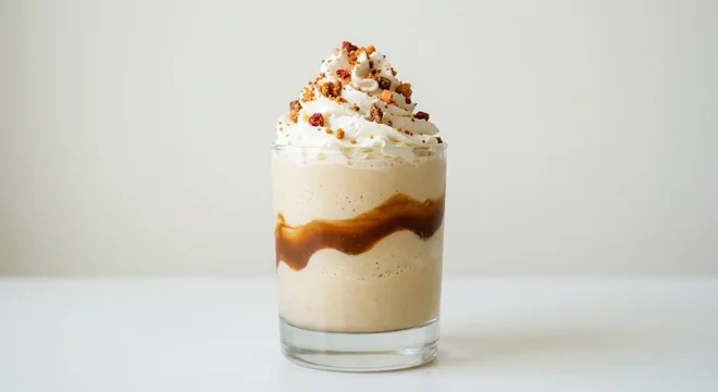 Costa Maple Hazel Frappé (Medium), blended frappé with a maple hazel sauce swirl, topped with whipped cream and crunchy pieces in a glass tumbler, nutrition and calories