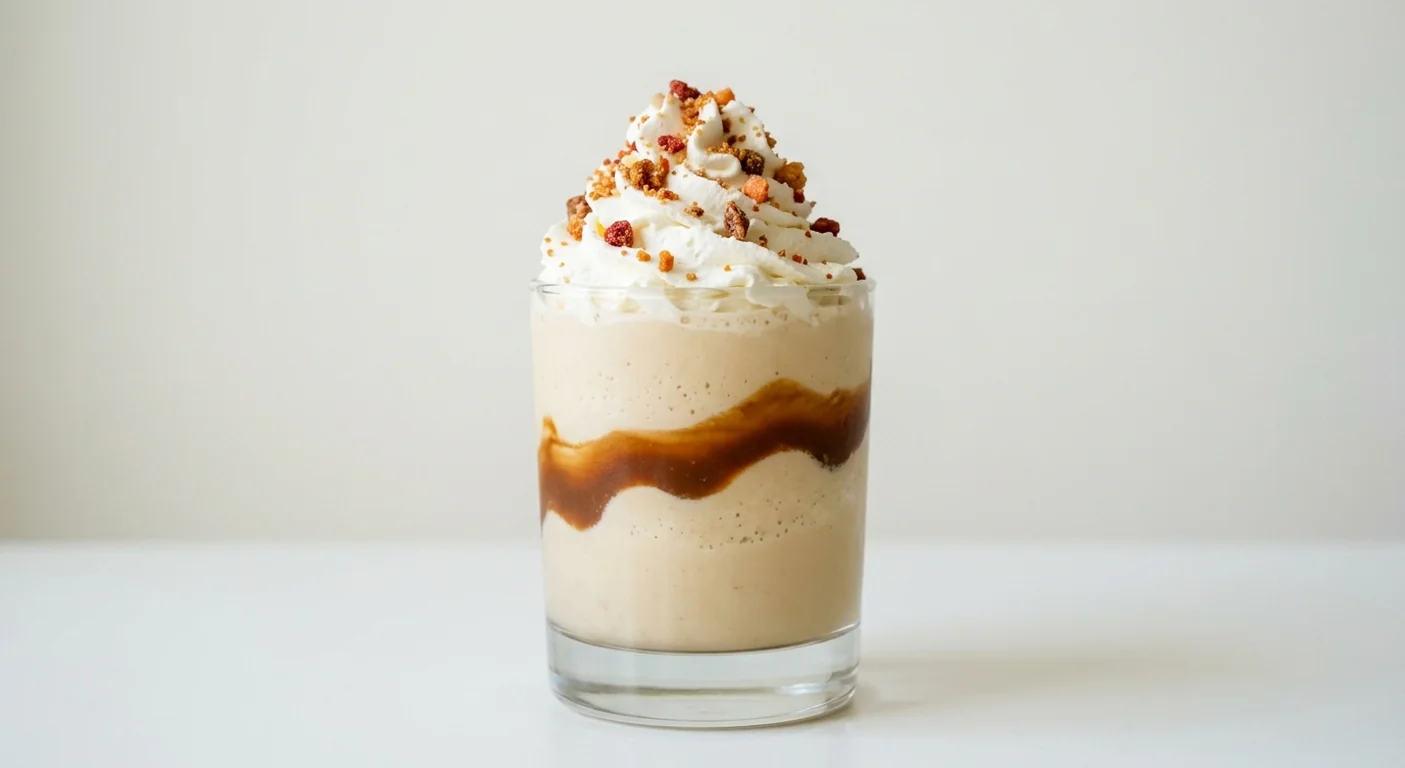 Costa Maple Hazel Frappé (Medium), blended frappé with a maple hazel sauce swirl, topped with whipped cream and crunchy pieces in a glass tumbler, nutrition and calories