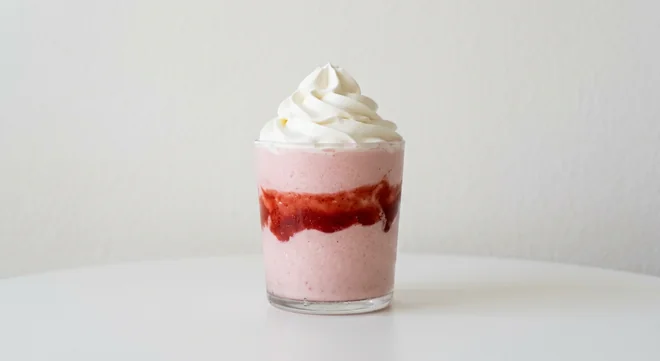 Costa Strawberry Drizzle Frappé (Medium), pale pink blended strawberry frappé with a band of strawberry sauce and whipped cream in a glass tumbler, nutrition and calories