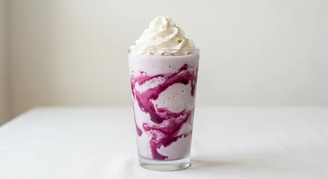 Costa Sweet Ube Frappe (Medium), pale lilac blended frappé with purple ube sauce swirls and whipped cream in a glass, nutrition and calories