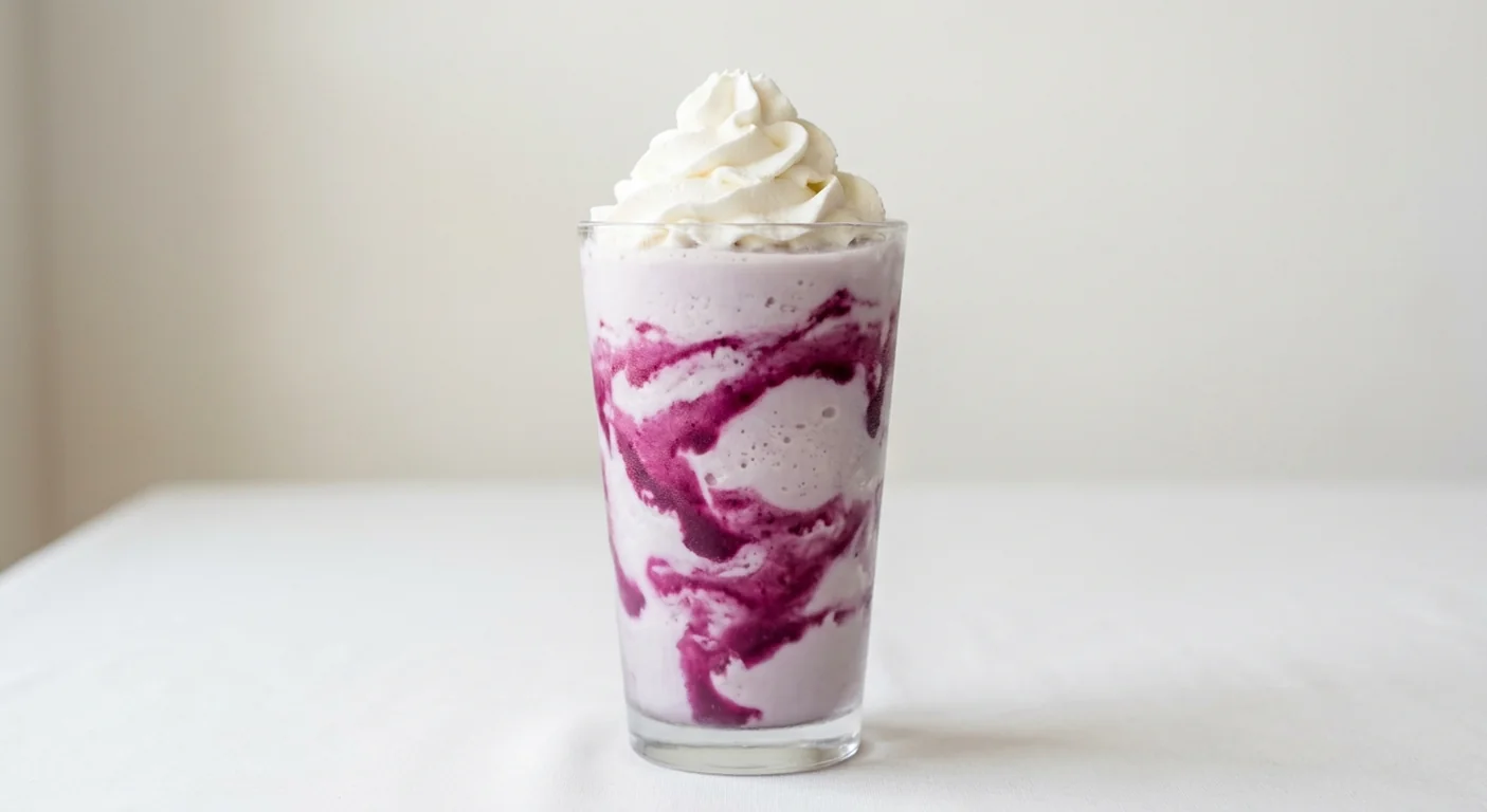 Costa Sweet Ube Frappe (Medium, Soya Milk), pale lilac blended frappé with purple ube sauce swirls and whipped cream in a glass, nutrition and calories