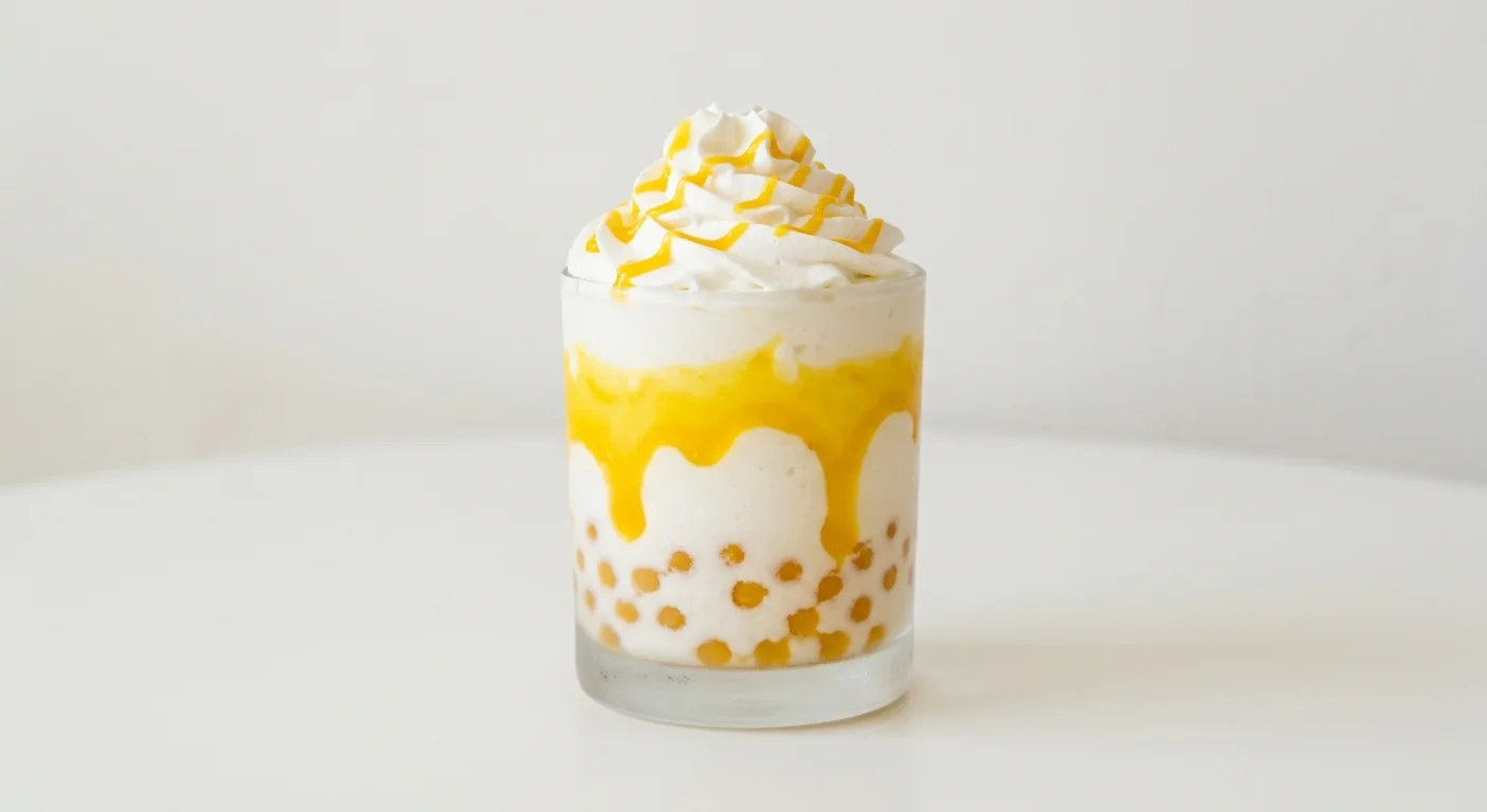 Costa Tropical Mango Bubble Frappé (Small, Coconut Milk), creamy coconut frappé with mango sauce, mango popping pearls and whipped cream in a glass tumbler, nutrition and calories