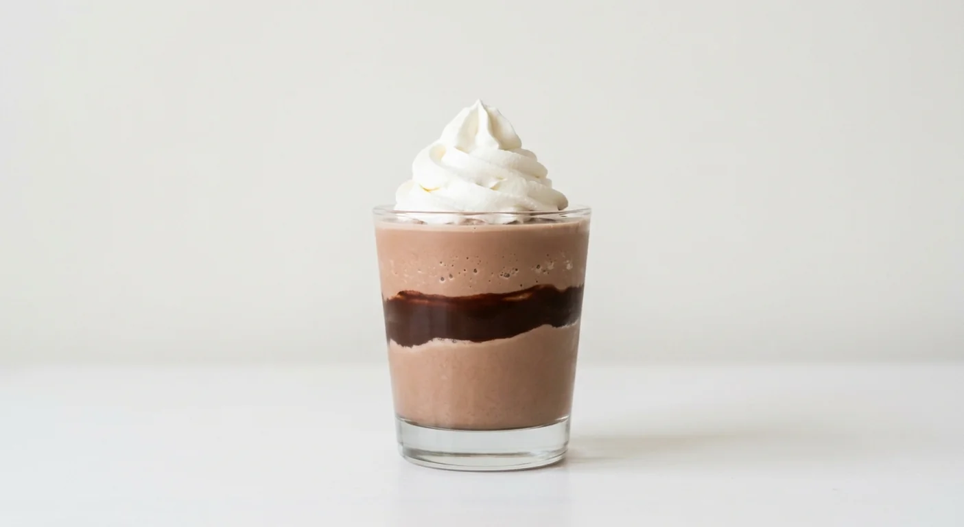 Costa Chocolate Fudge Frappé with Coffee (Small, Oat Milk), blended chocolate coffee frappé with a band of fudge sauce and whipped cream in a glass tumbler, nutrition and calories