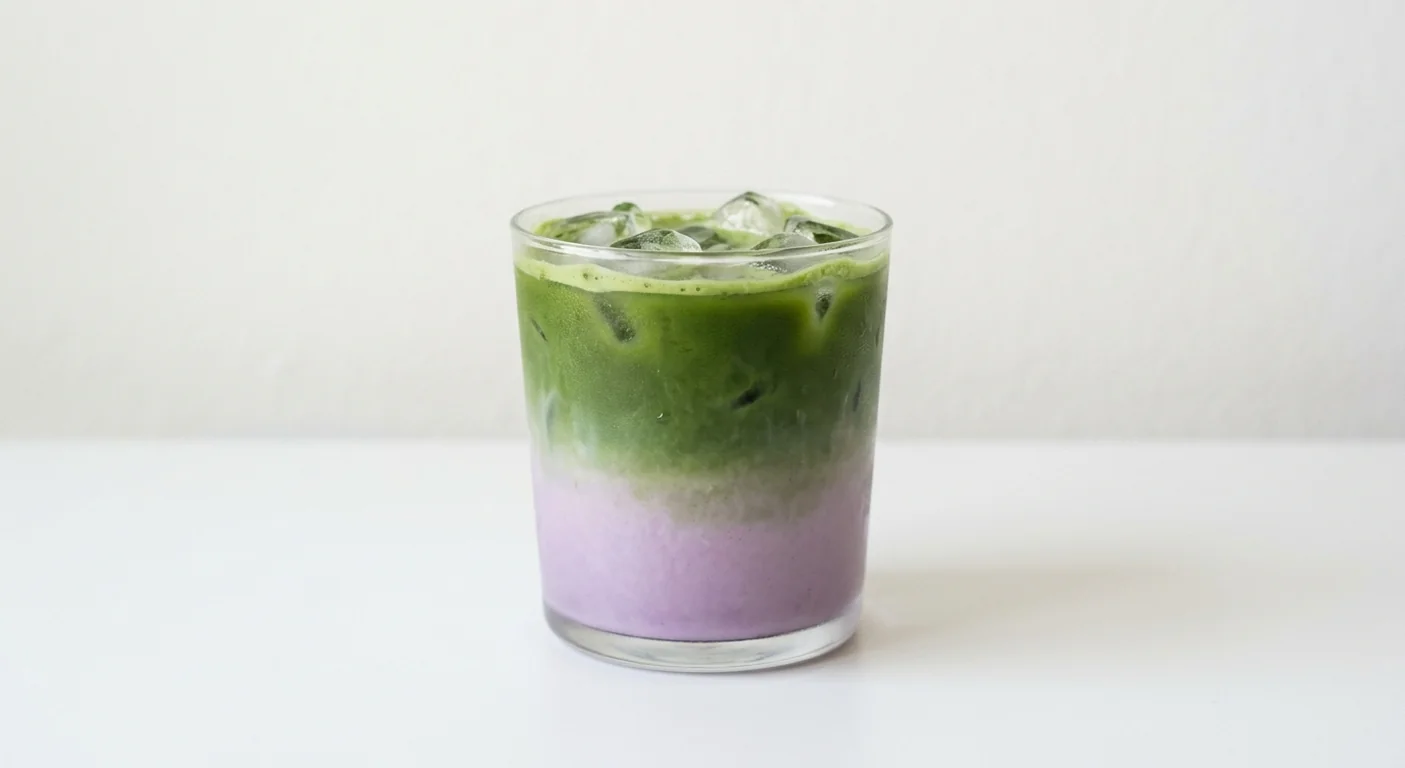 Costa Sweet Ube Iced Matcha (Small, Coconut Milk), iced matcha layered over purple ube milk with ice in a glass tumbler, nutrition and calories