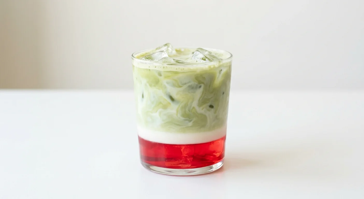 Costa Cherry Vanilla Matcha (Medium, Coconut Milk), iced matcha latte swirled over cherry syrup with ice in a glass tumbler, nutrition and calories