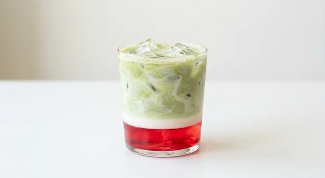 Costa Cherry Vanilla Matcha (Small, Coconut Milk), iced matcha latte swirled over cherry syrup with ice in a glass tumbler, nutrition and calories