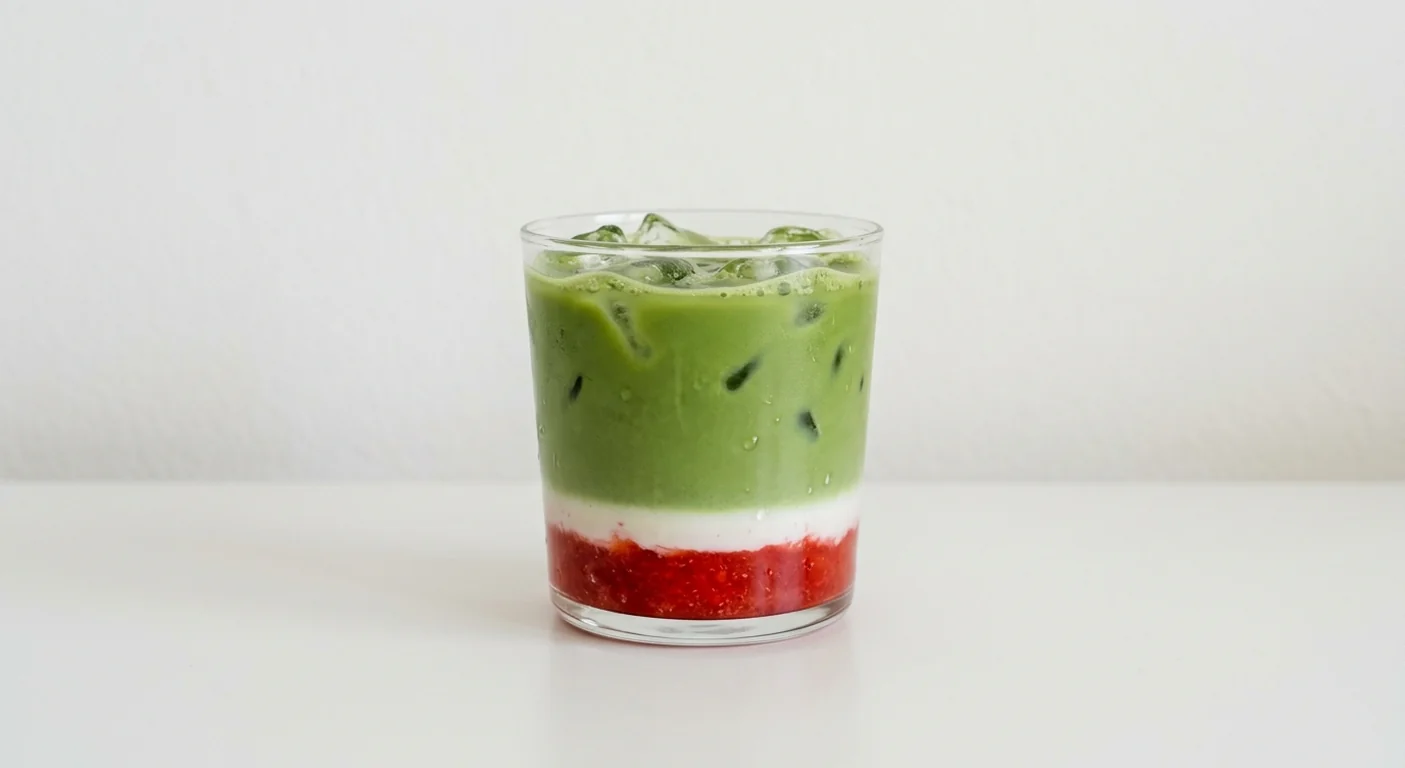 Costa Strawberry Matcha Iced Latte (Small), iced matcha latte layered over strawberry sauce with ice in a glass tumbler, nutrition and calories