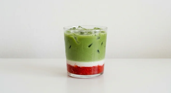 Costa Strawberry Matcha Iced Latte (Small), iced matcha latte layered over strawberry sauce with ice in a glass tumbler, nutrition and calories