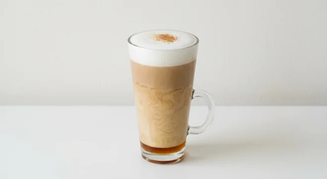 Costa Maple Hazel Latte (Small), latte with maple hazel syrup and a foamed milk top in a tall glass mug, nutrition and calories