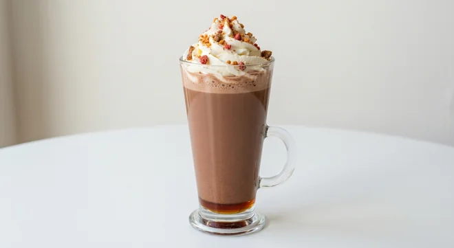 Costa Maple Hazel Hot Chocolate (Small), hot chocolate with maple hazel syrup, whipped cream and crunchy pieces in a tall glass mug, nutrition and calories