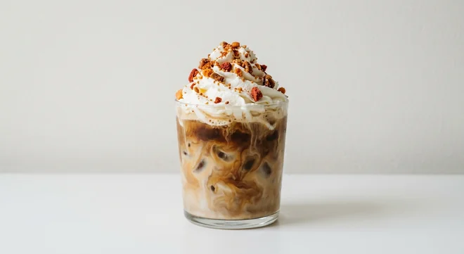 Costa Maple Hazel Iced Latte (Small, Coconut Milk), iced latte with whipped cream and crunchy pieces in a glass tumbler, nutrition and calories