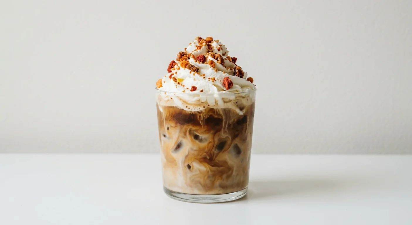 Costa Maple Hazel Iced Latte (Medium), iced latte with whipped cream and crunchy pieces in a glass tumbler, nutrition and calories