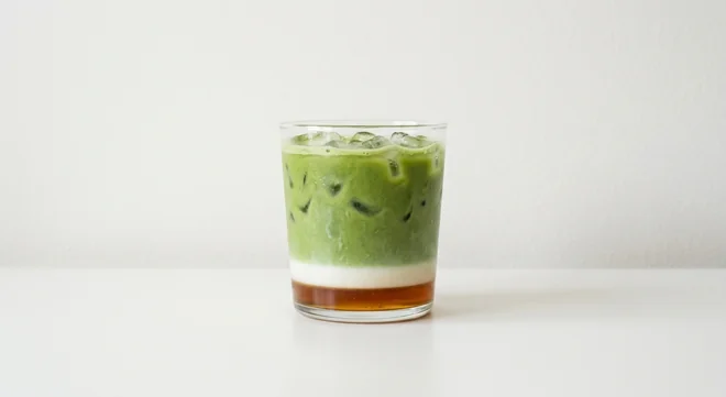 Costa Maple Hazel Iced Matcha (Medium, Coconut Milk), iced matcha layered over maple hazel syrup with ice in a glass tumbler, nutrition and calories