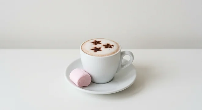 Costa Hot Chocolate Babyccino - with Marshmallow (Soya Milk), small cup of frothy hot chocolate with cocoa stars and a pink marshmallow on the saucer, nutrition and calories