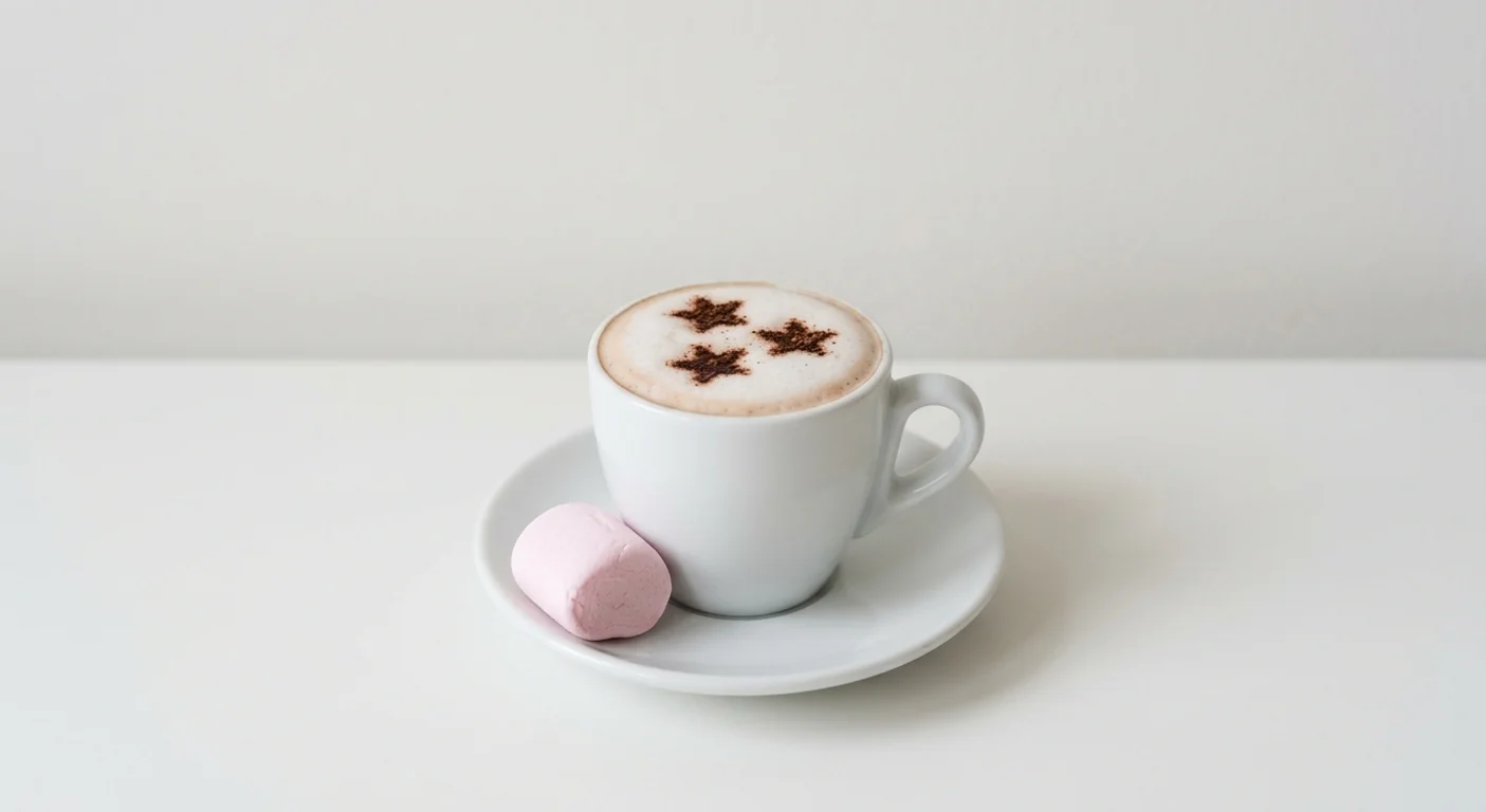 Costa Hot Chocolate Babyccino - with Marshmallow, small cup of frothy hot chocolate with cocoa stars and a pink marshmallow on the saucer, nutrition and calories