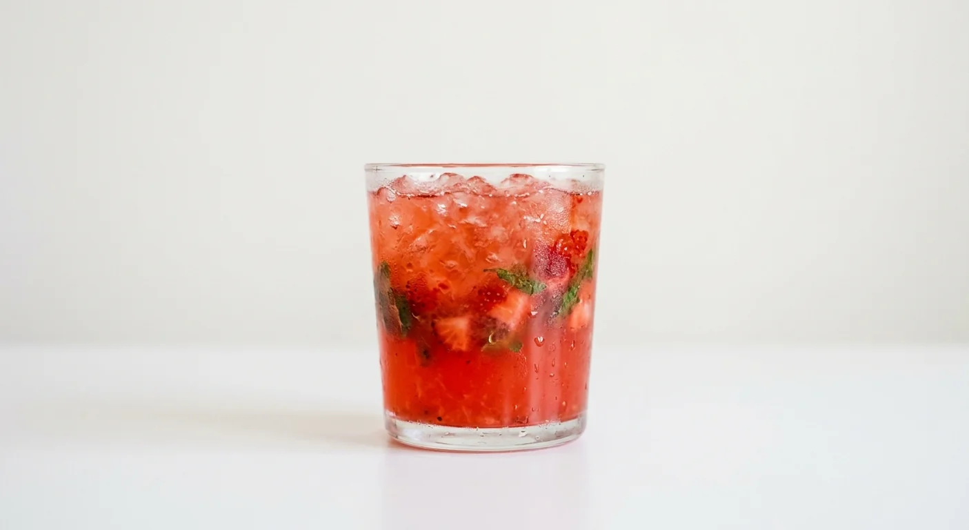 Costa Strawberry, Watermelon & Mint Refresher (Medium), red iced fruit refresher with crushed ice and strawberry pieces in a glass tumbler, nutrition and calories