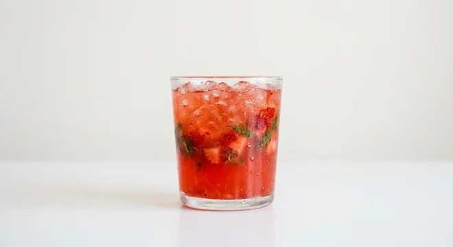 Costa Strawberry, Watermelon & Mint Refresher (Large), red iced fruit refresher with crushed ice and strawberry pieces in a glass tumbler, nutrition and calories