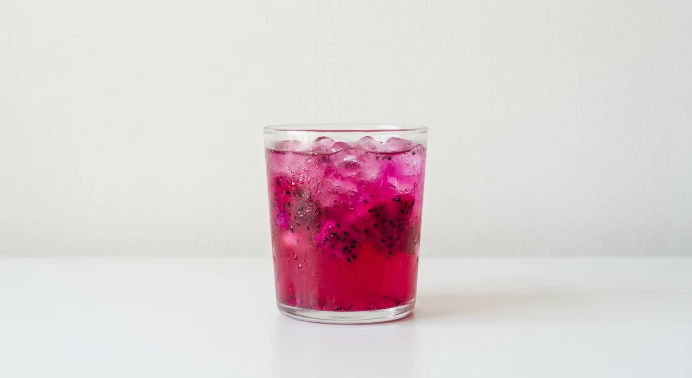 Costa Dragon Fruit & Guava Refresher (Medium), pink iced fruit refresher with crushed ice and dragon fruit pieces in a glass tumbler, nutrition and calories