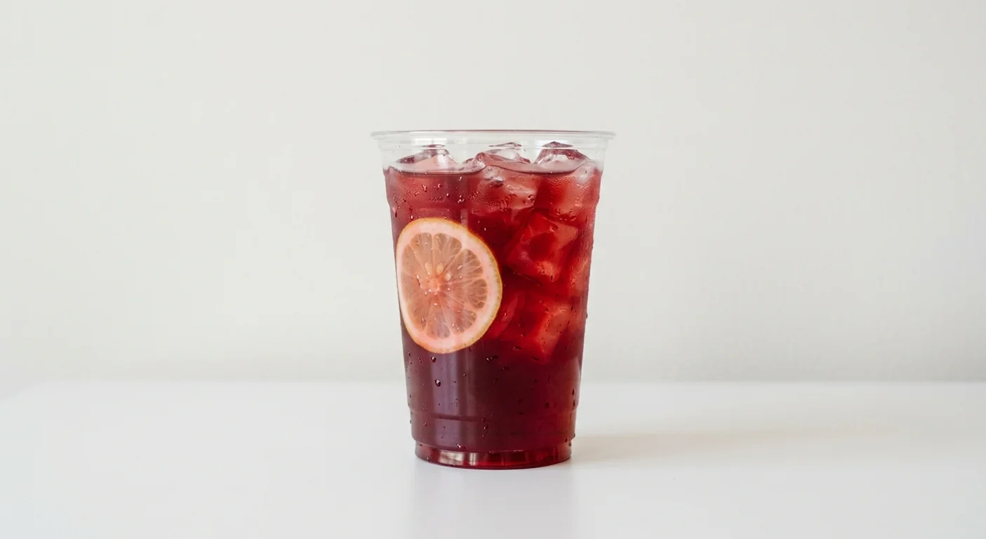 Costa Jasmine and Hibiscus Iced Tea (Medium), ruby-red iced tea with ice and a lemon slice in a clear cup, nutrition and calories