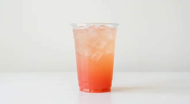 Costa Pink Lemonade (Small), pink and coral iced lemonade with ice in a clear cup, nutrition and calories