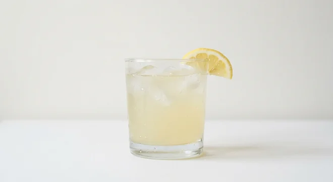 Costa Still Lemonade (Medium), cloudy still lemonade with ice and a lemon wedge in a glass tumbler, nutrition and calories