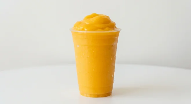 Costa Mango and Passionfruit Fruit Cooler (Medium), frozen mango and passionfruit slush in a clear cup, nutrition and calories