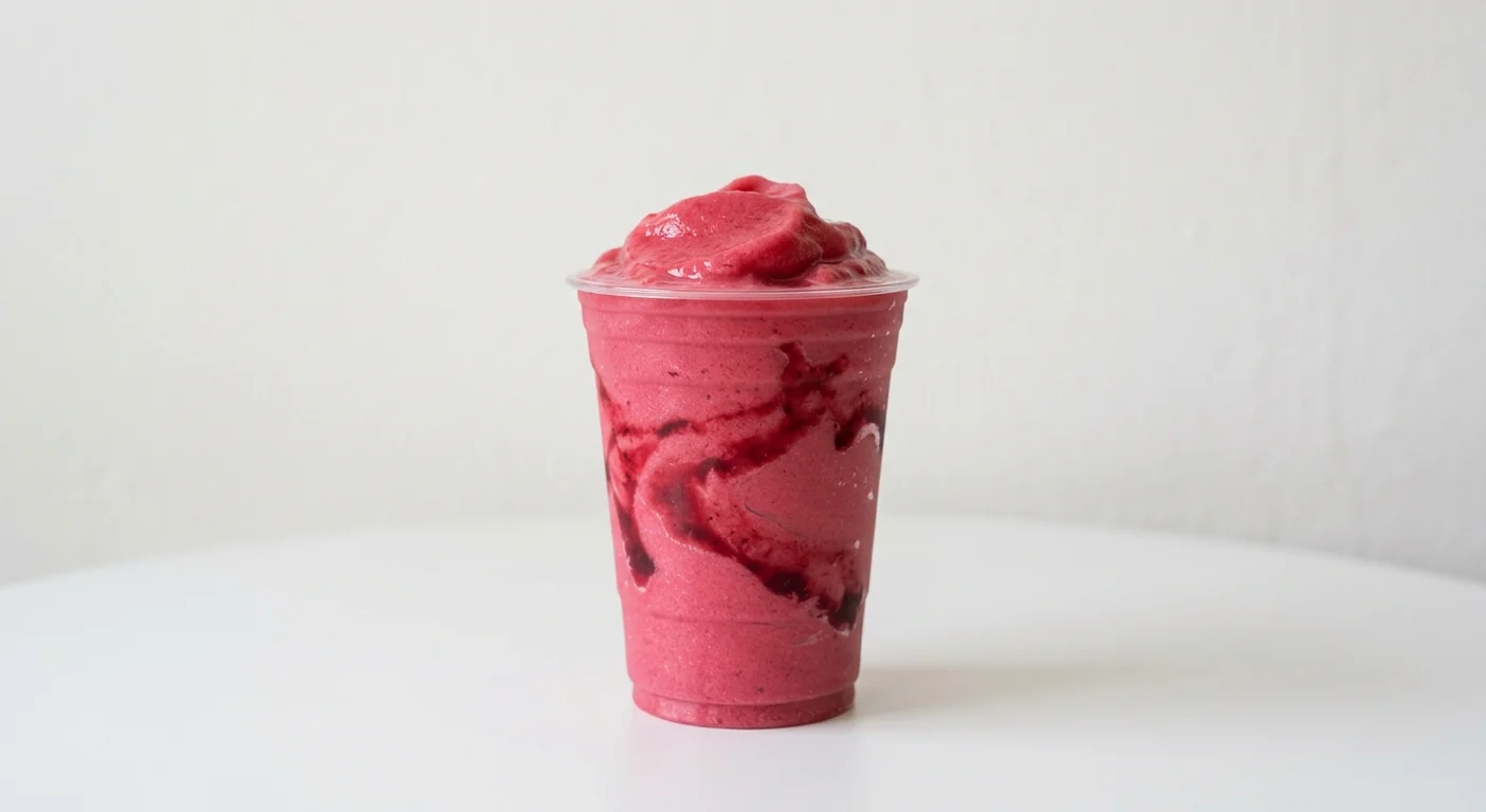 Costa Red Berries Fruit Cooler (Medium), frozen red berry slush with berry sauce swirls in a clear cup, nutrition and calories