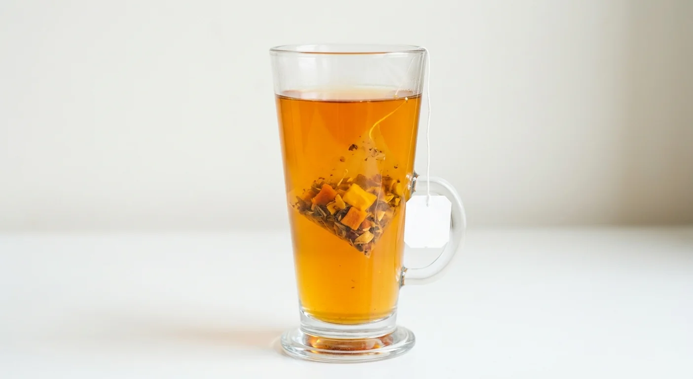 Costa Mellow Mango with Zinc (Medium), amber mango fruit infusion with a pyramid tea bag in a tall glass mug, nutrition and calories