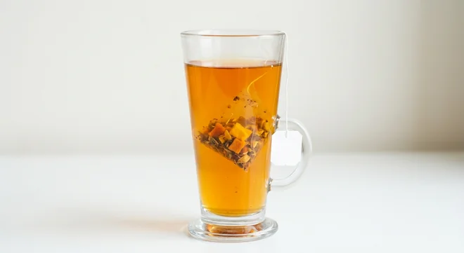 Costa Mellow Mango with Zinc (Medium), amber mango fruit infusion with a pyramid tea bag in a tall glass mug, nutrition and calories